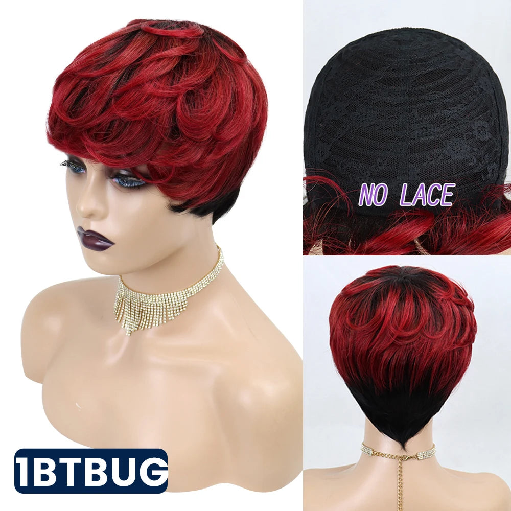 Short Pixie Cut Straight Hair Wig with 150% Density and Machine Made Wig