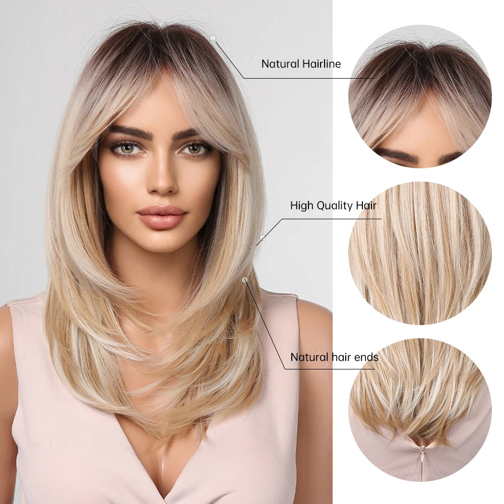 Long Blonde Synthetic Hair Wigs for Women with Fringe