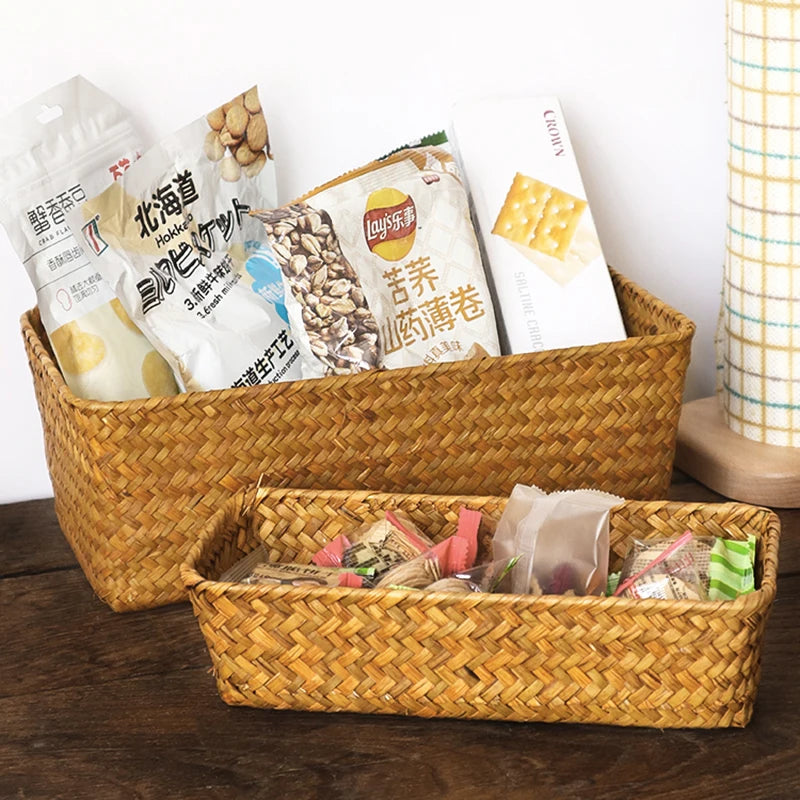 Desktop Natural Straw Hand Woven Storage Basket Organizer