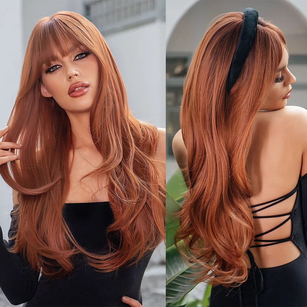 Red, brown, and copper long straight synthetic wigs for women