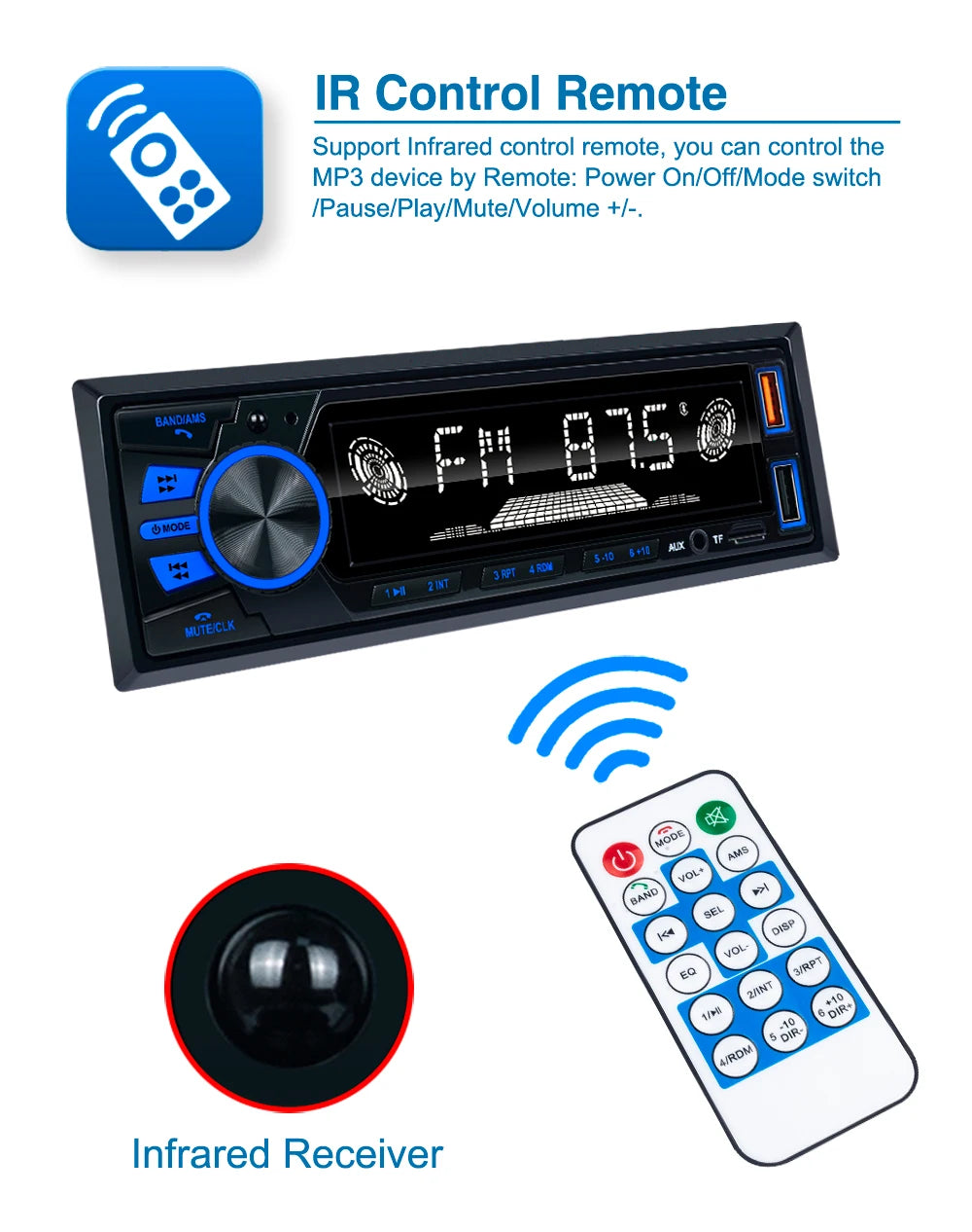 Car Radio MP3 Player FM Tuner with AUX Input USB Charging