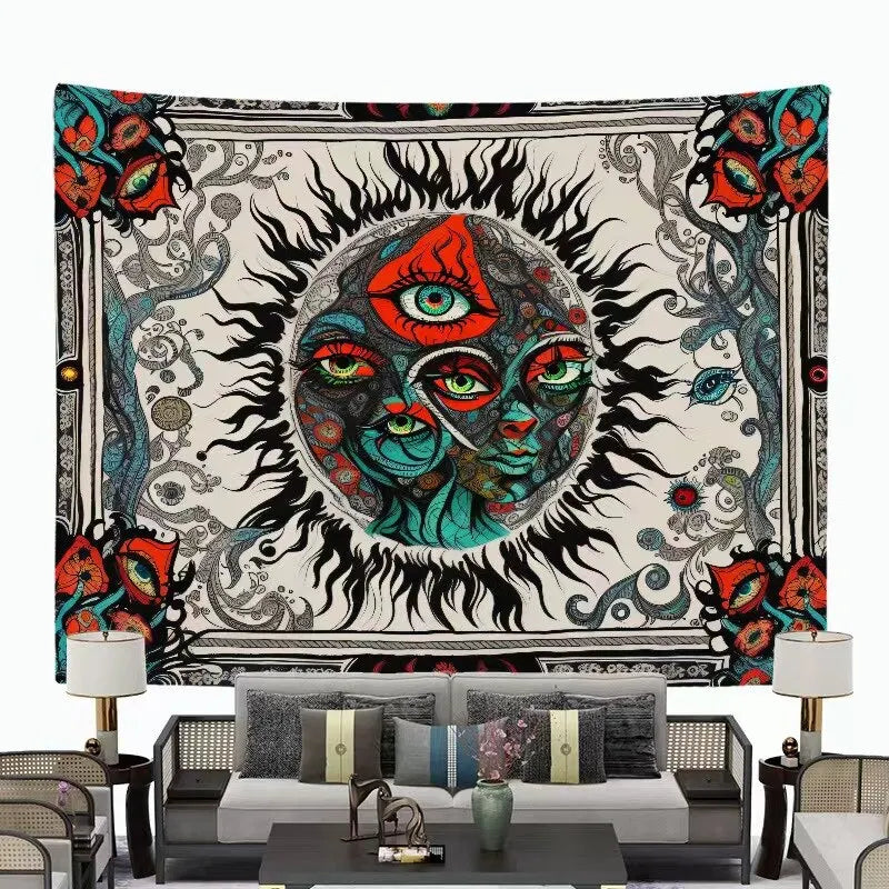 A Large Fantasy Mandala Flower And Plant Tapestry Adorned With Eerie Eyes And a Background Cloth Burning In The Sun