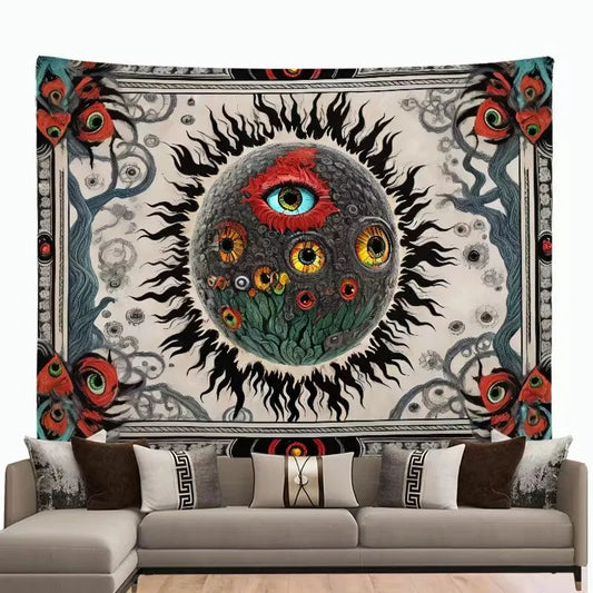 A Large Fantasy Mandala Flower And Plant Tapestry Adorned With Eerie Eyes And a Background Cloth Burning In The Sun