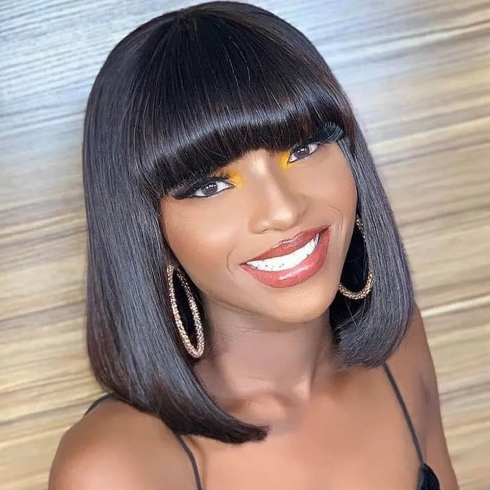 Non-lace, glue-less short straight hair wigs with bangs