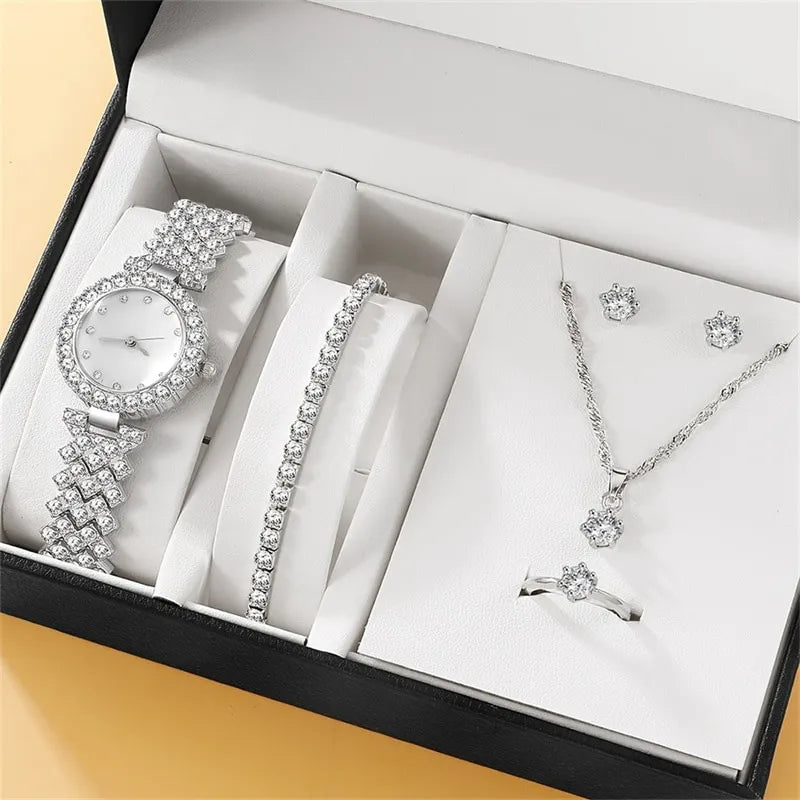6PCS Set Luxury Watch Women Ring Necklace Earring Rhinestone Fashion Wristwatch Casual Ladies Watches Bracelet Set Clock