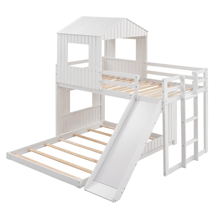 Wooden double deck full double bed, attic bed, with slide and guardrail, single bed, twin bed, child bed, with windows
