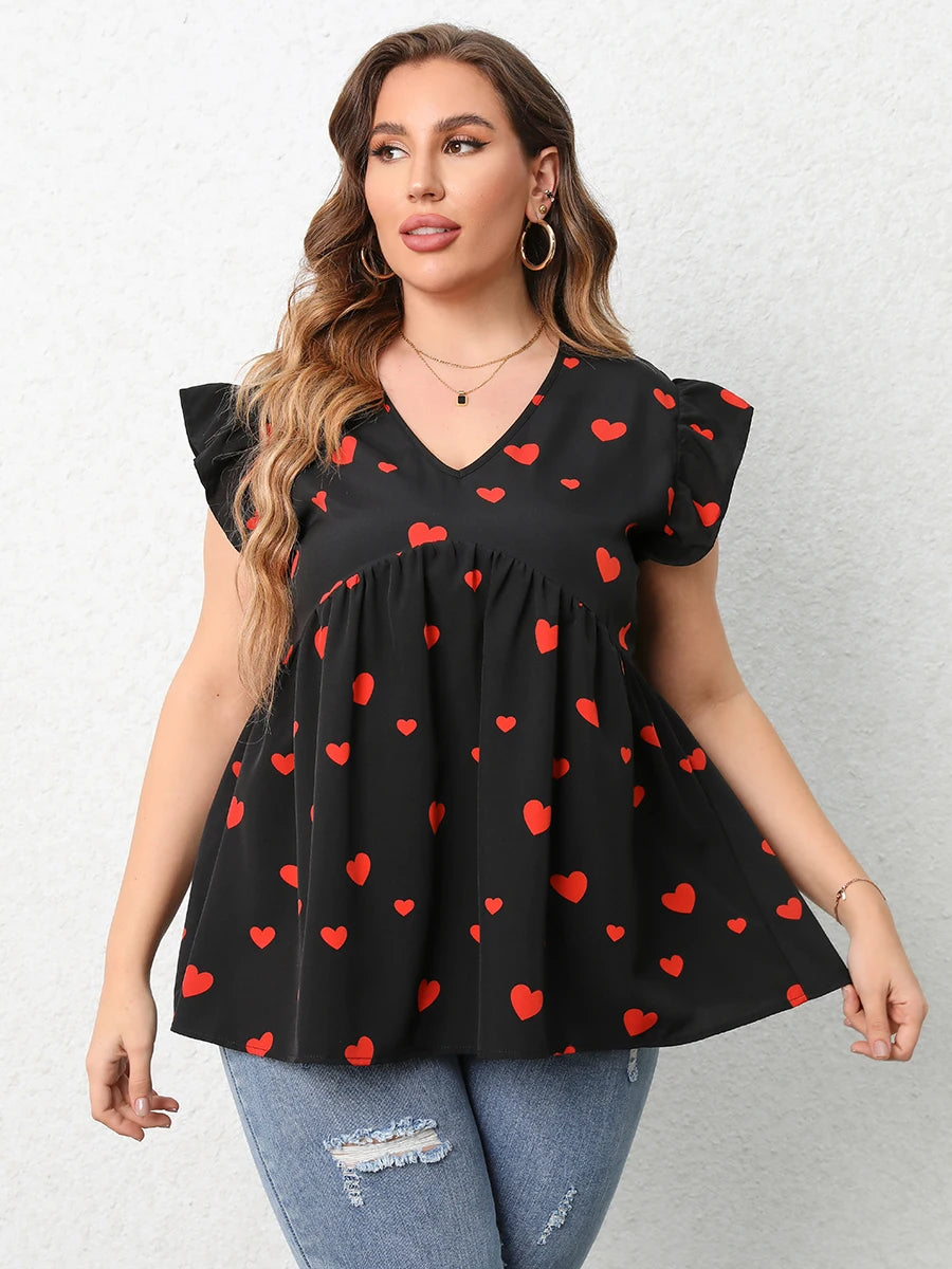 Plus Size Red Heart Print Blouse