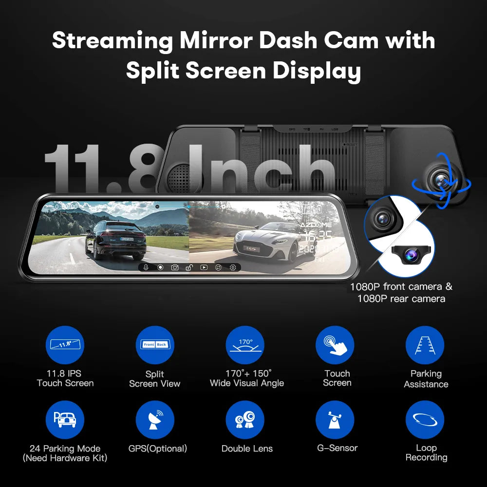 11.8-inch Touch Screen 1080P Dual Cam Car Mirror