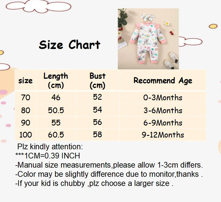 0-12Months Newborn Baby Clothes Girl Long Sleeves Cute Cartoon Bodysuit with Headband 2PCS Infant Romper Toddler Girl Jumpsuit