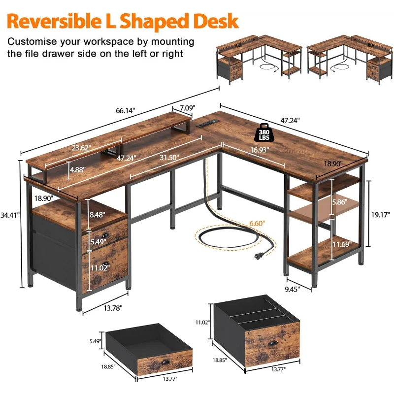 Furologee 66” L Shaped Desk with Power Outlet, Reversible Computer Desk with File Drawer & 2 Monitor Stands, Home  Rustic Brown