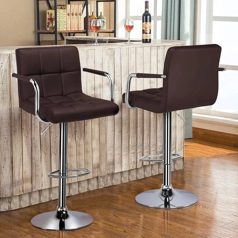 Tall Bar Stools Set of 2 Modern Square PU Leather Adjustable BarStools Counter Height Stools with Arms and Back Bar Chairs