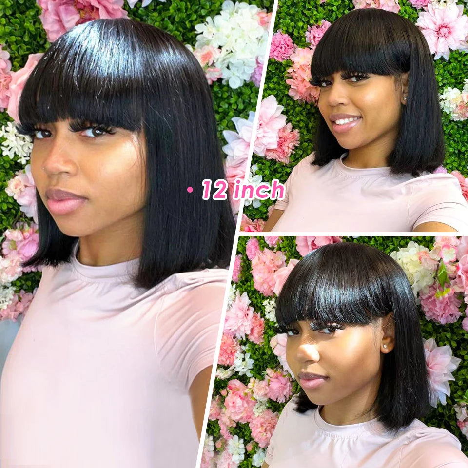 Non-lace, glue-less short straight hair wigs with bangs