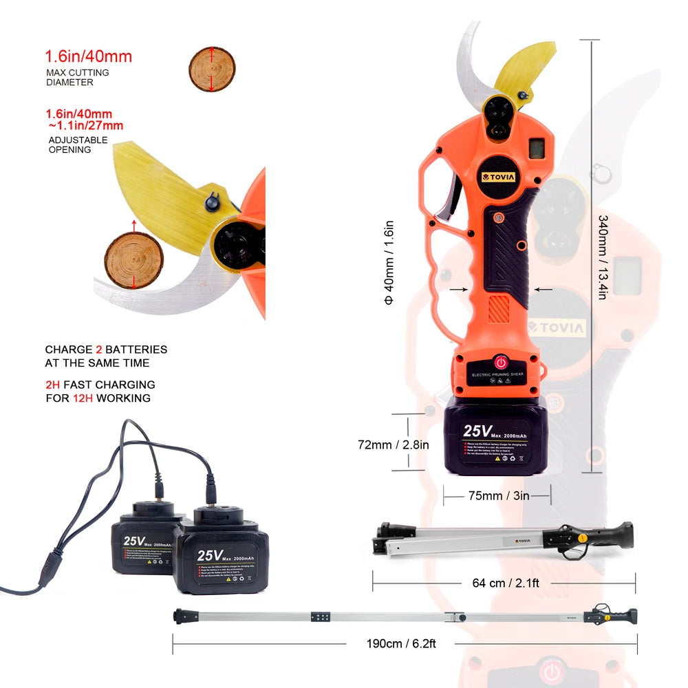 Cordless Pruner with 40mm 25V Battery Shear and Reach Extension Pole