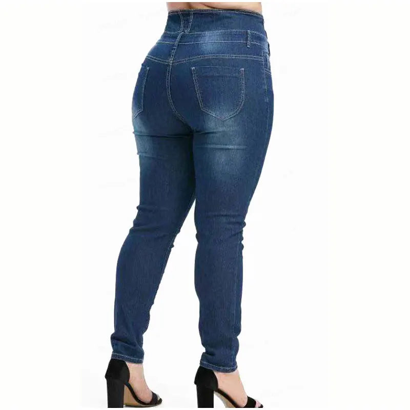 Plus Size Button Up Slim Skinny Dark Blue Full Length Jeans
