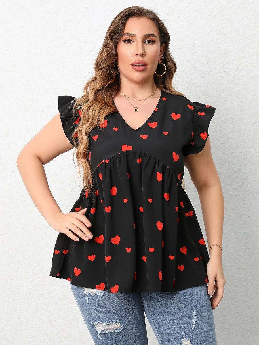 Plus Size Red Heart Print Blouse