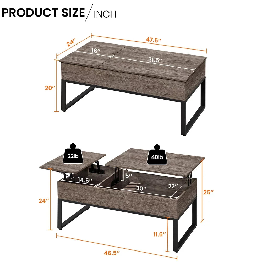 Lift Top Coffee Table with Hidden Storage Compartments, Wood, Medium Density Fiberboard, Steel