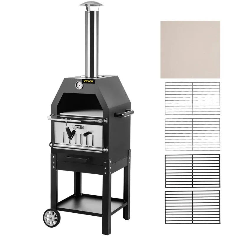 12" Wood Fire Oven, 2-Layer Pizza Oven Wood Fired, Wood Burning Outdoor Pizza Oven with 2 Removable Wheels