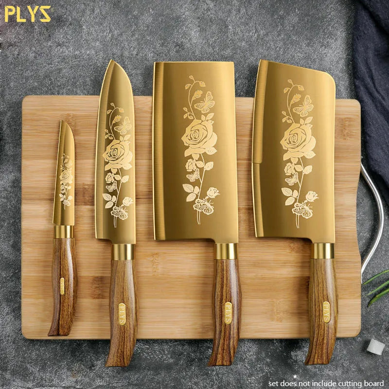 PLYS-Luxury Gold Kitchen Knife Set Stainless Steel Blade with Golden Titanium Plating Chef Knife Set for Kitchen