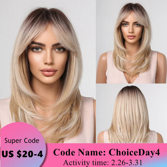 Long Blonde Synthetic Hair Wigs for Women with Fringe