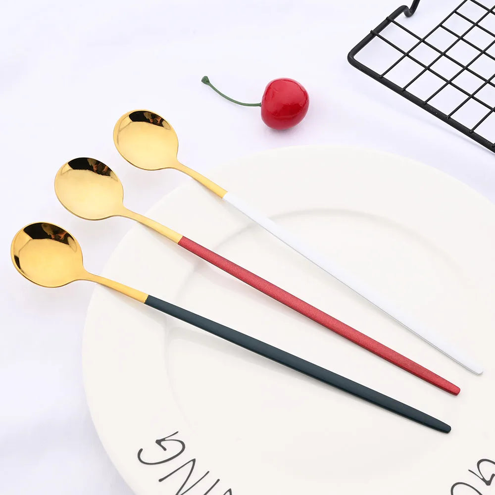 6Pcs Coffee Stirring Spoon Cutlery Set Juice Gold Tea Spoons Dinnerware Ice Cream Long Handle Scoop Tableware Kitchen Tools