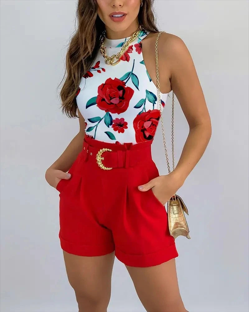 2 Piece Set Skinny Sleeveless Bodysuit and Short with Belt