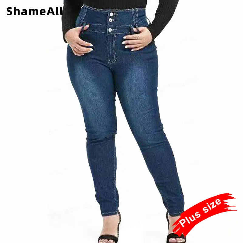 Plus Size Button Up Slim Skinny Dark Blue Full Length Jeans