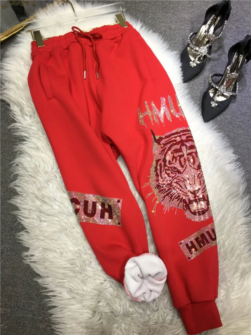 Thick Warm Plus Size Luxury Rhinestone Tiger Pants