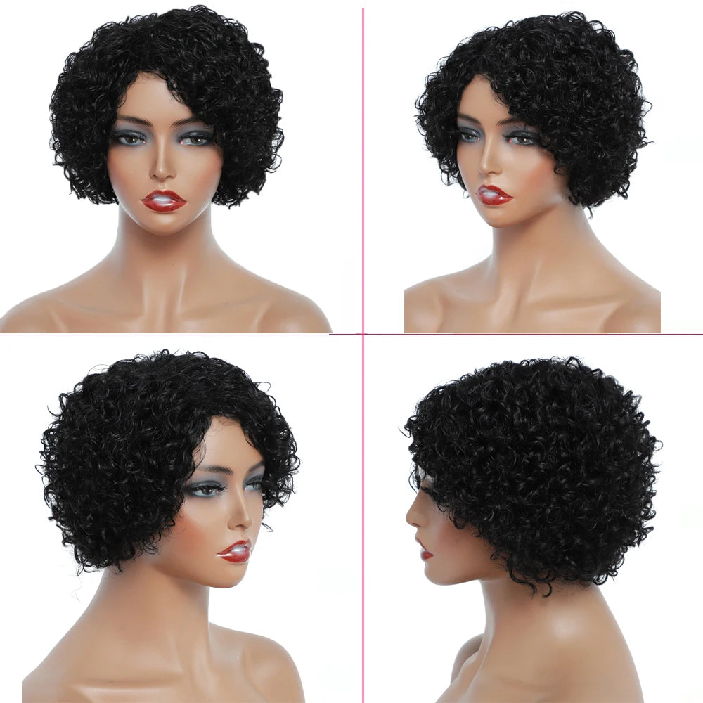 Pixie Cut Side Part Curly Human Hair Wigs