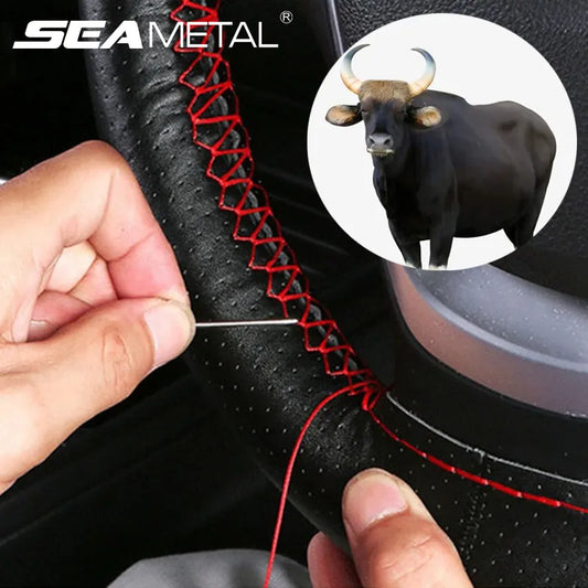 37-38cm Genuine Leather Car Steering Wheel Cover with Needles Thread Braid