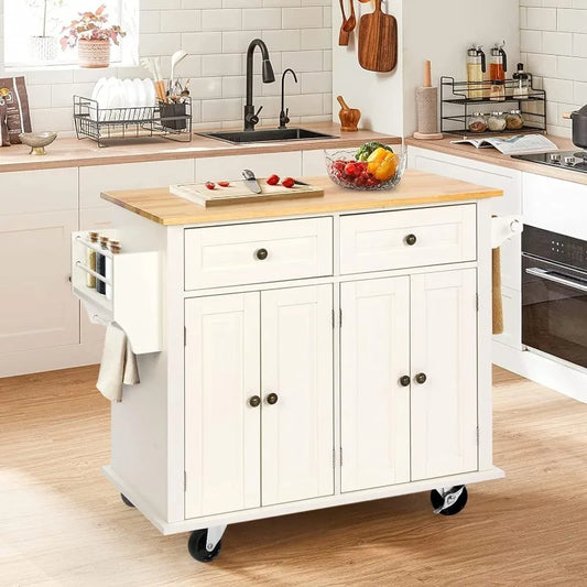 43" Kitchen Island with Storage, Rolling Kitchen Cart with Lockable Wheels, Solid Wood Tabletop Kitchen Island Table