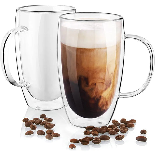 350/450ml Double Wall Glass Coffee Mugs Insulated Clear Borosilicate Glasses Cup With Handle Juice Milk Tea Cups For Gifts