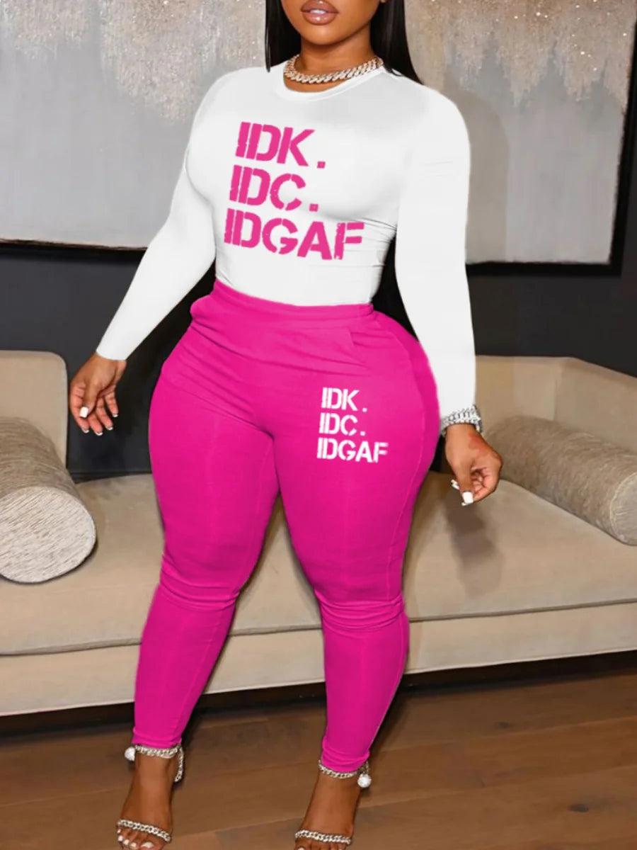 Plus Size Letter Print Pants and Long sleeve Set