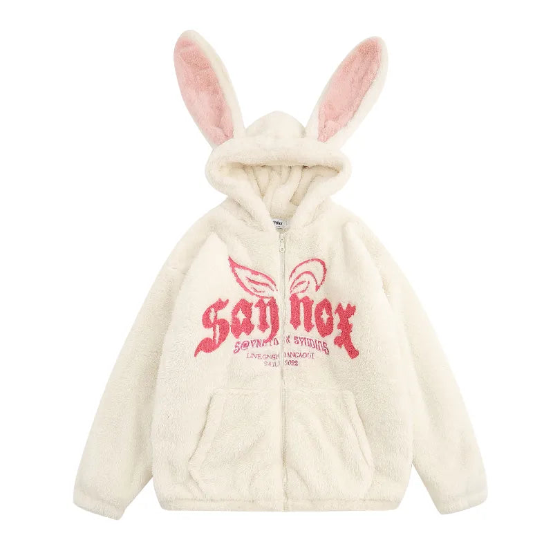 Zipper Bunny Ears Lamb Velvet Hoodie