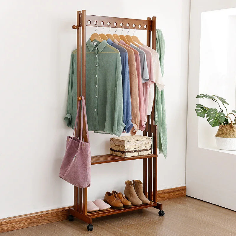 Vintage Heavy Duty Wooden Clothes Stand Freestanding Rack Shelf Home Bedroom Hallway Entryway Bamboo Hanging Rail Shoe Storage