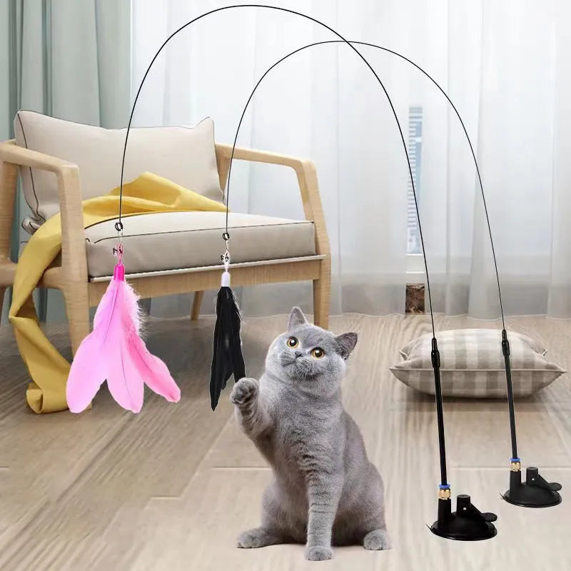 Cats Toys Feathers Wand Interactive Toy Kitten Toys with Super Suction Cup Detachable 2 PCS Feather Replacements Cat Accesorios