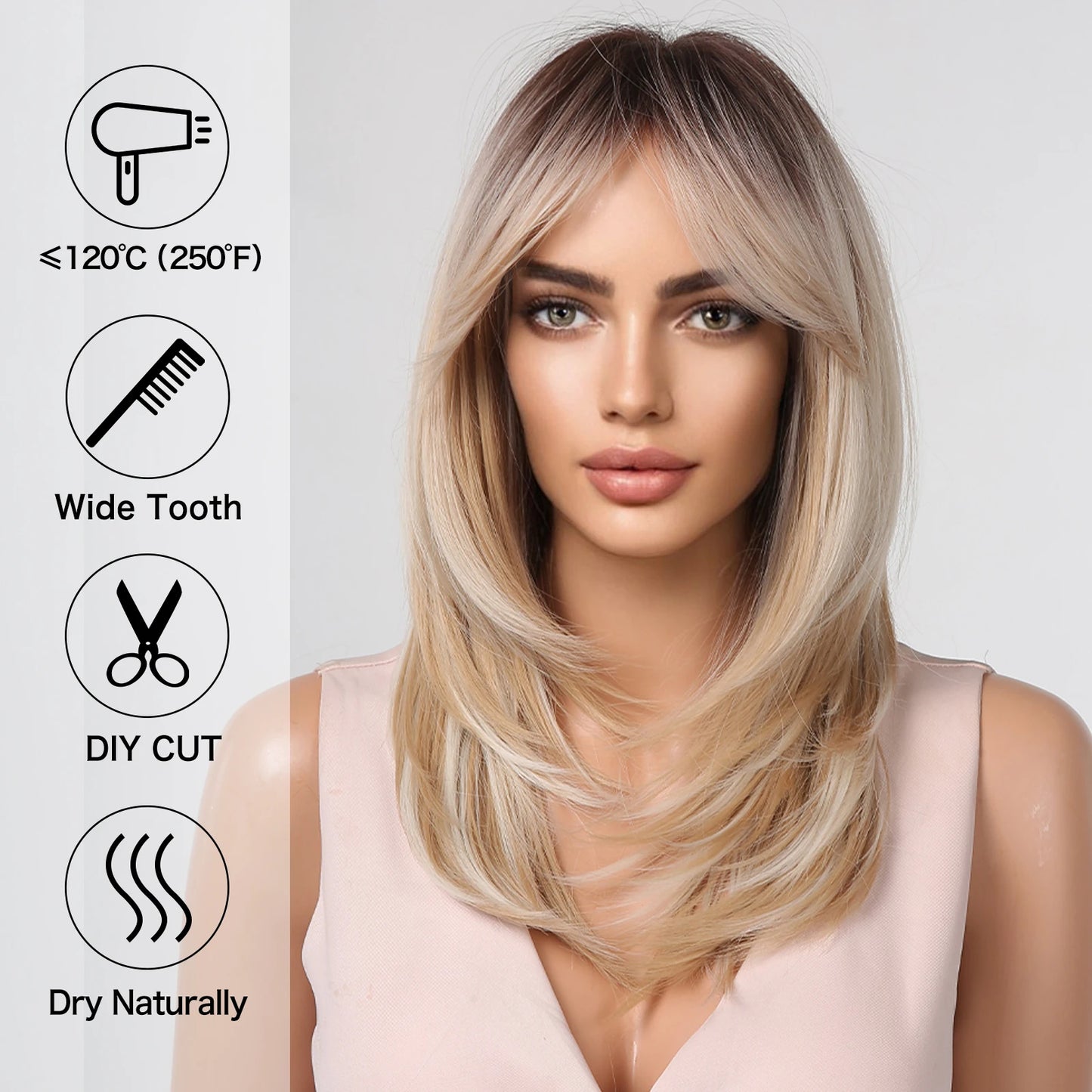 Long Blonde Synthetic Hair Wigs for Women with Fringe