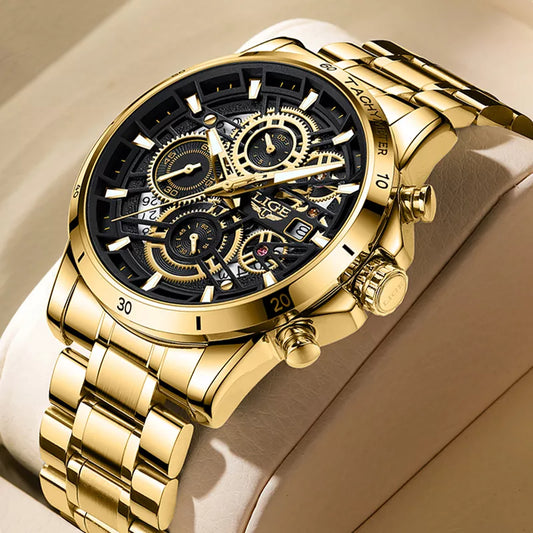 Luxury Chronograph Gold Black Luminous Waterproof  Quartz Watch