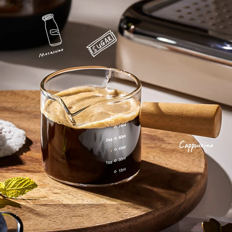 Wood Handle Glass Espresso Measuring Cup Single/Double Mouth Milk Jug Coffee Supplies Transparent Kitchen Measure Mug