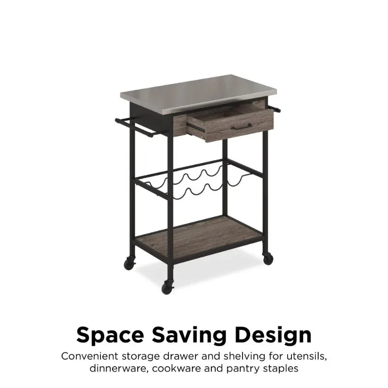 Novogratz Nora Multifunctional Kitchen Cart, Wine Rack and Pantry Storage, Stainless Steel and Black Metal, Brown Rolling Cart