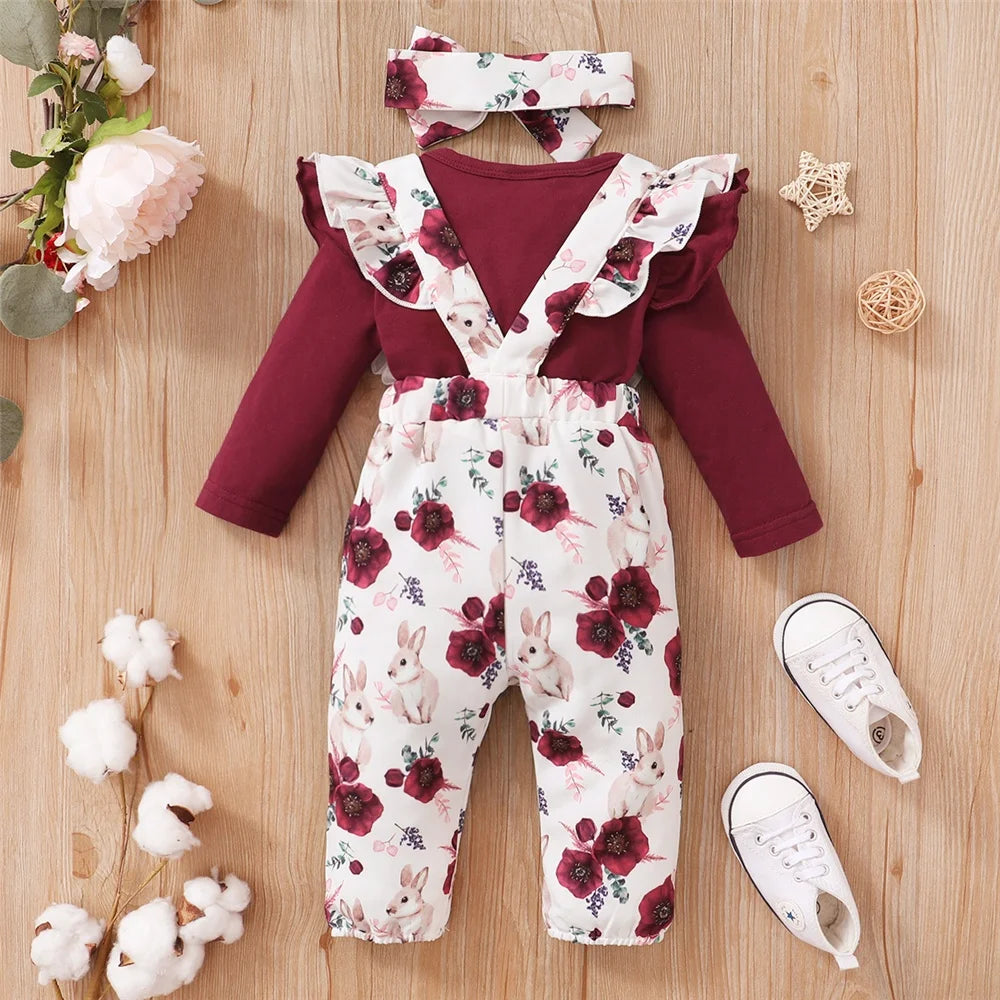 0-18Months Baby Girl Clothes Set Red Color Long Sleevs Bodysuit + Flower Strap Pants 2PCS Infant Girl New Years Clothing Suit