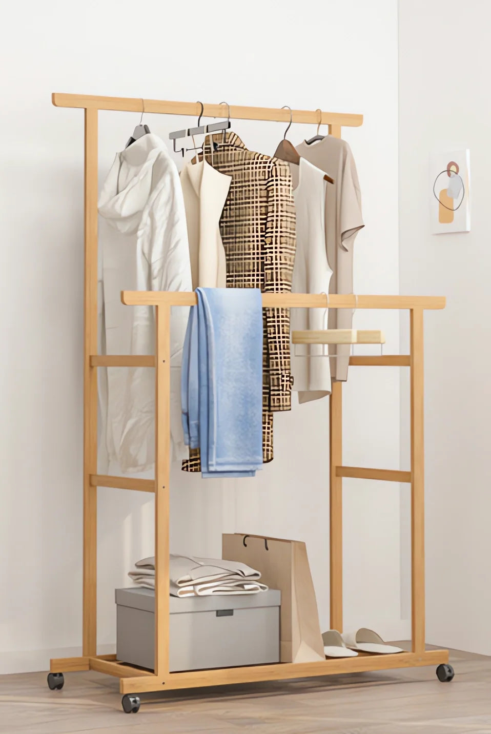 Bamboo Clothes Rail Rack Double Hanging Rails Clothes Rack on Wheels Free Standing Garment Rack with Storage Shelves Coat Rack