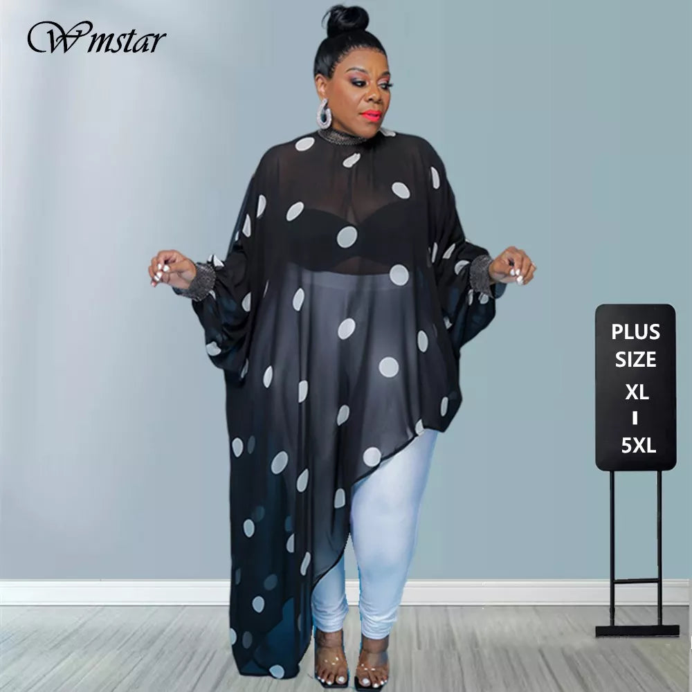 Plus Size Long Sleeve Irregular Hem Mesh Shirts