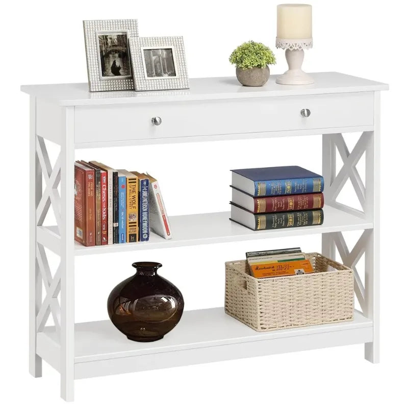 SMILE MART 3-Tier X-Design Wood Console Table with Storage Drawer, （White/Black）optional