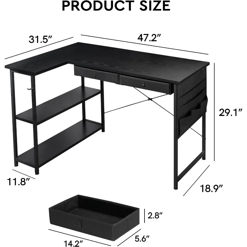 Ｍａｉｈａｉｌ Small L Shaped Desk with Storage, 47" Corner Desk with Drawers, Adjustable Storage Shelves and Side Pouch,Computer Desk