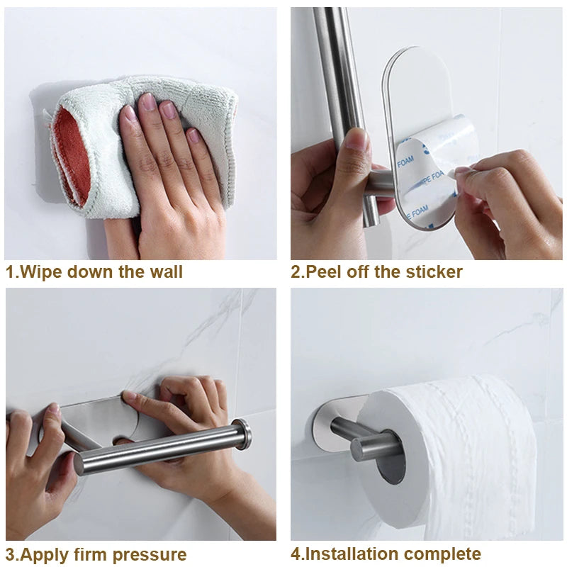 Stainless Steel Paper Towel Holder Adhesive Toilet Roll Paper Holder No Hole Punch Kitchen Bathroom Toilet Lengthen Storage Rack