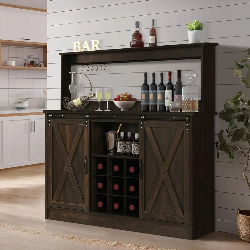 Farmhouse Coffee Wine Bar Cabinet with 6 Hooks Sliding Barn Door 47’’ Sideboard Buffet Cabinet with Adjustable Shelf for Kitchen