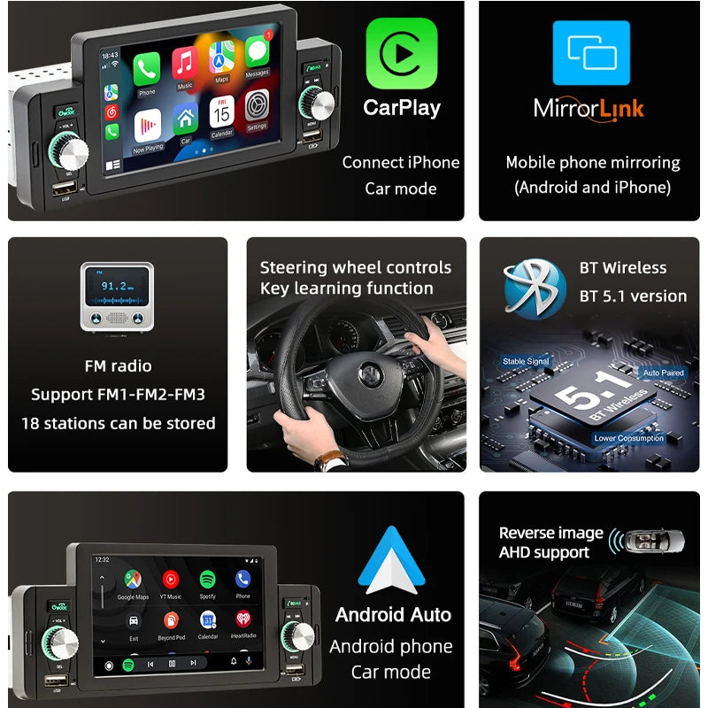 5" Android-Auto Hands Free Bluetooth Car Radio