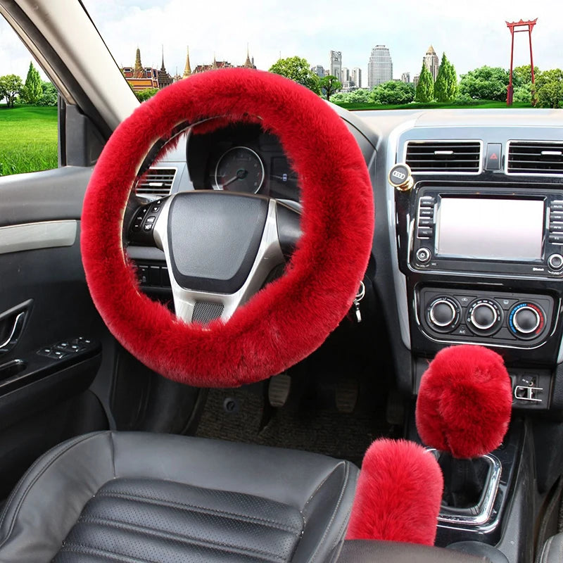 Three-piece Set  Artificial Rabbit Fur Car Steering Wheel Cover