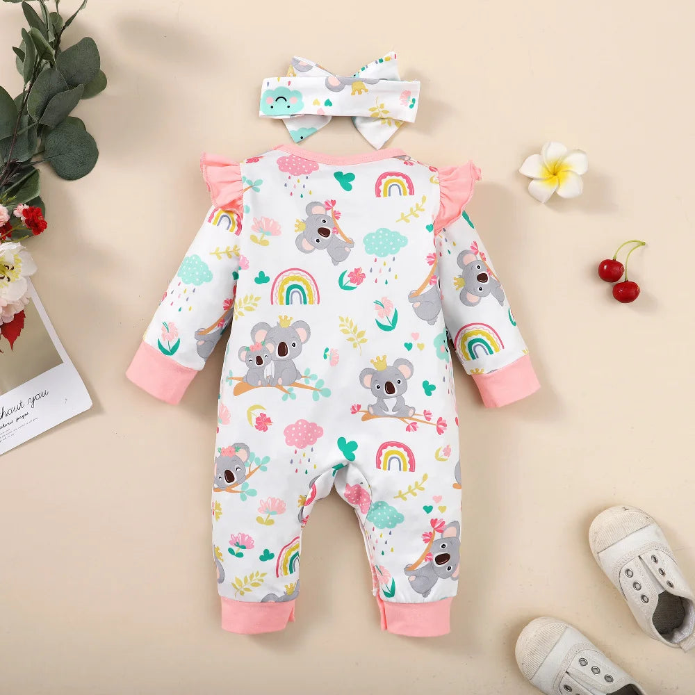 0-12Months Newborn Baby Clothes Girl Long Sleeves Cute Cartoon Bodysuit with Headband 2PCS Infant Romper Toddler Girl Jumpsuit