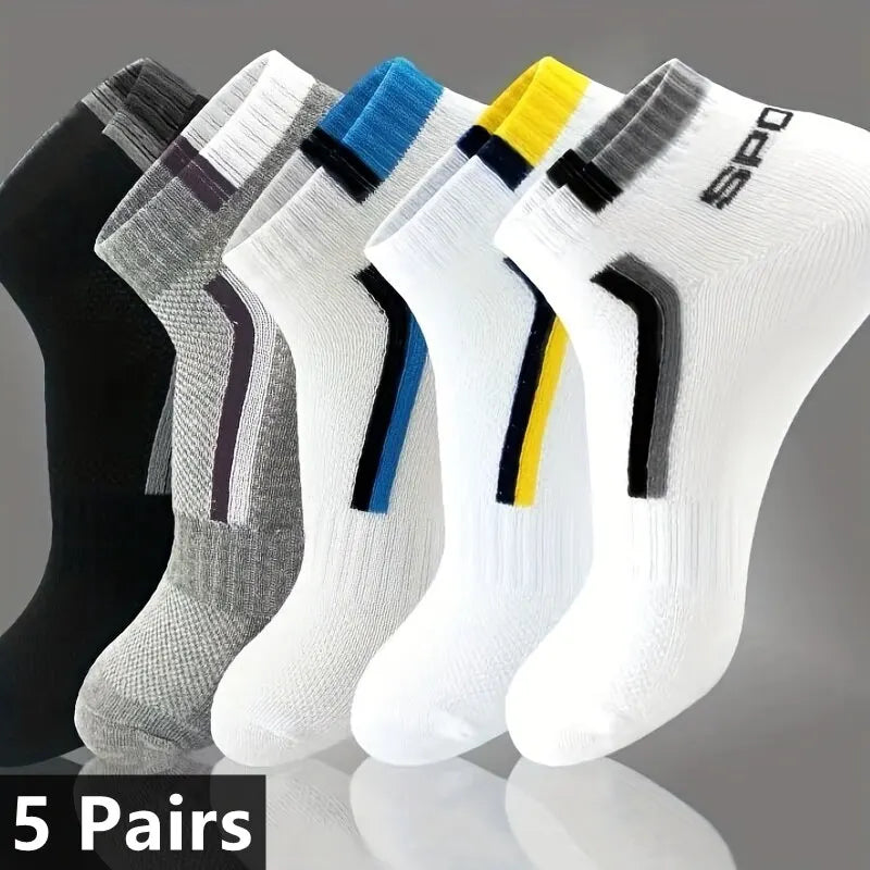 5pairs Men's Fashion Sports Socks, Striped Cotton Sweat Absorption Breathable Comfortable Ankle Socks